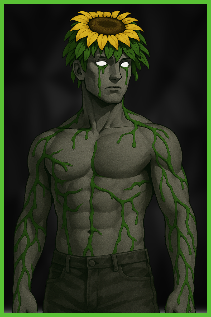 gray humanoid muscular creature with green leafy hair and a sunflower on the head