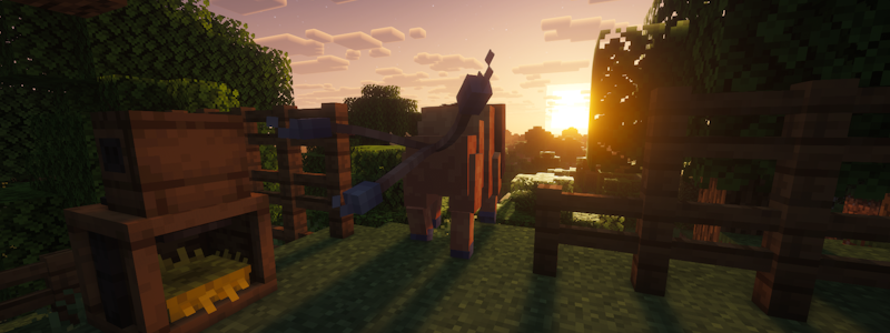 A Cobblemon pasture at sunset in Minecraft