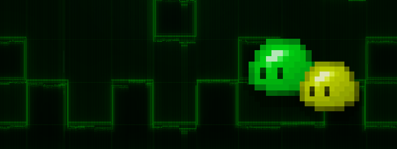 Green and yellow pixel-art slimes in a 2D game